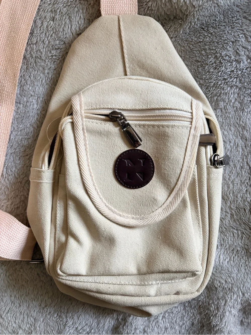 Cream Crossbody Sling Bag with Pink Strap